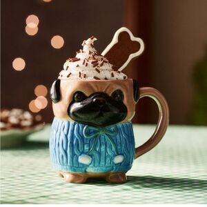 Anthropologie NWT/NIB Pug-Shaped Ceramic Mug with Blue Sweater